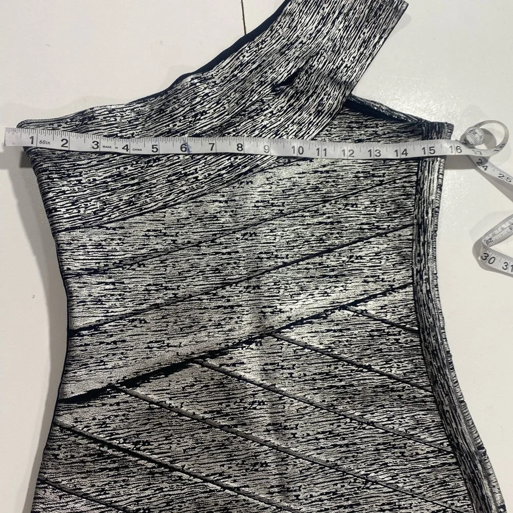 JS‎ Collections Black Metallic Silver Painted One Shoulder Bandage Bodycon Dress